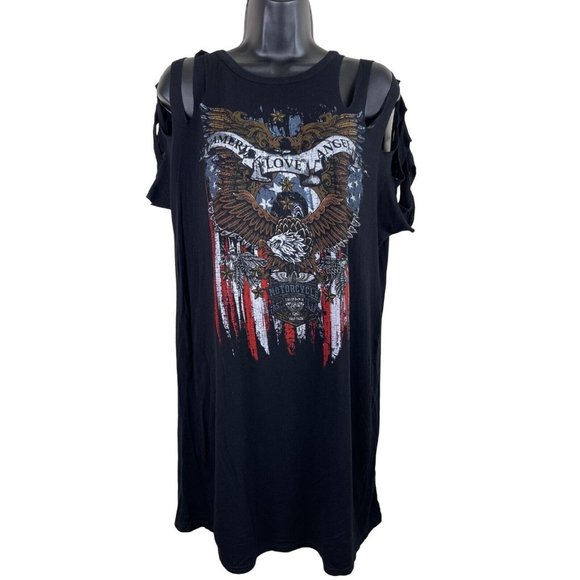 Stylewise Top Womens Size M/L Short Shred Sleeve Motorcycle Eagle Stretch Black - Picture 1 of 11